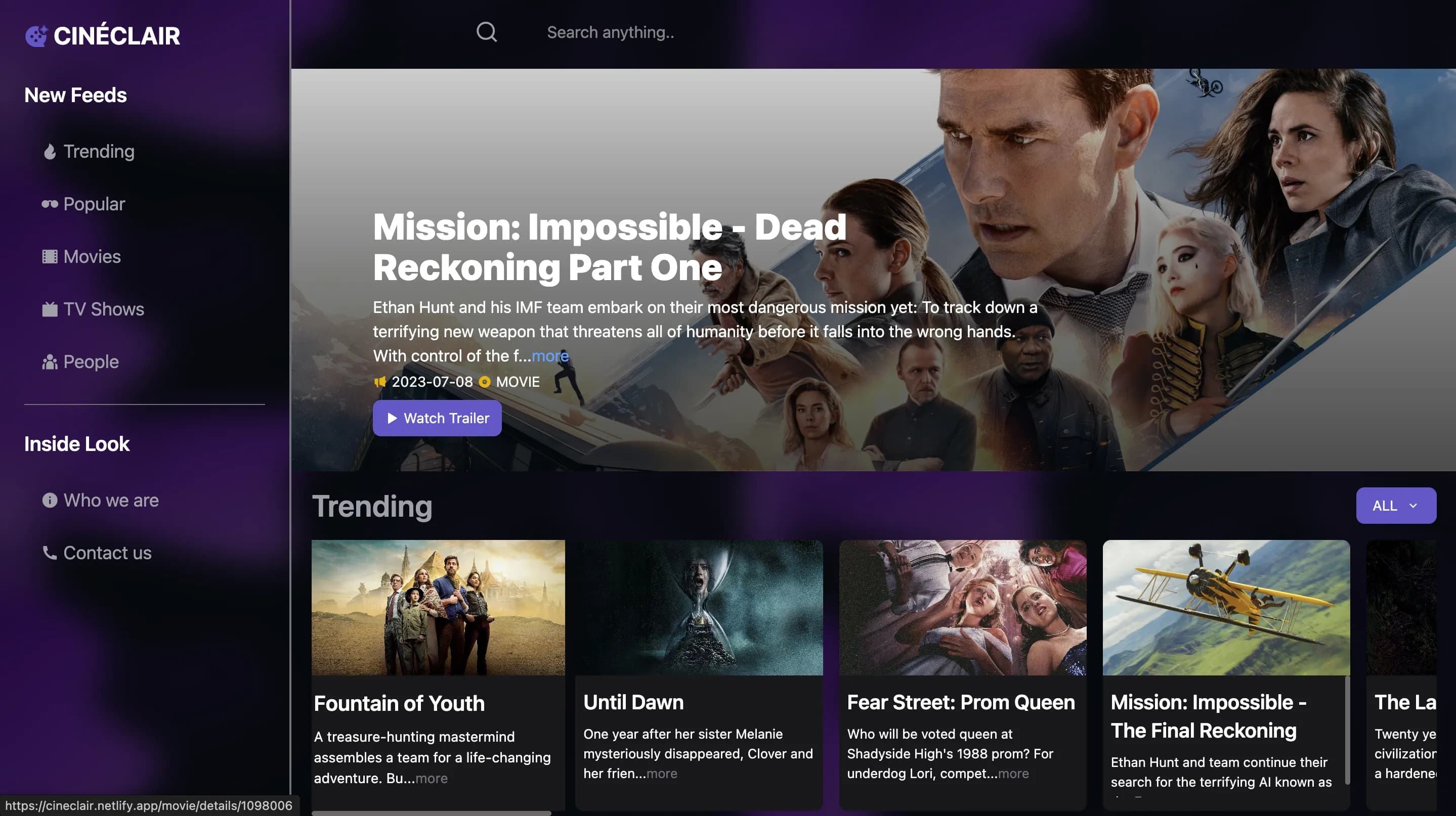Movie discovery app with search and trending recommendations